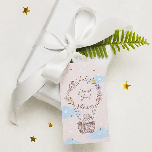 Rosa av tack Nalle Luftballong Presentetikett (Thank You Hot Air Balloon Teddy Bear Pink Gift Tags)