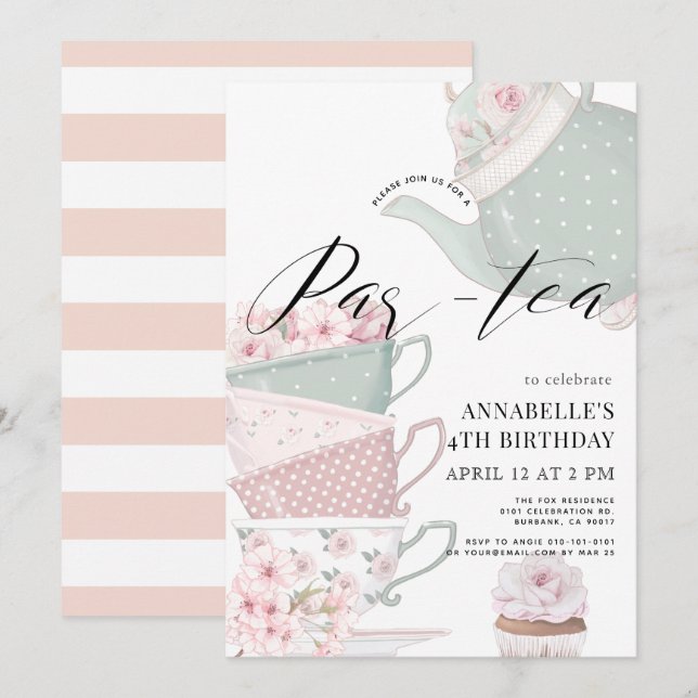 Rosa av tea Par-tea Blommigt Tekanna Birthday-inbj Inbjudningar (Fram/baksida)