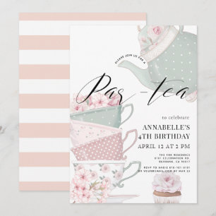 Rosa av tea Par-tea Blommigt Tekanna Birthday-inbj Inbjudningar