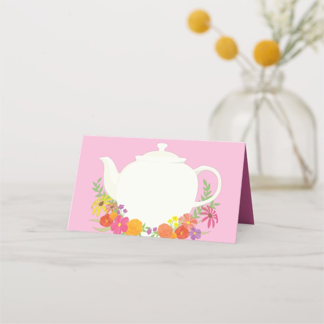 Rosa av Tekanna i Tea Party Baby Shower  Girl Placeringskort (Framsida)