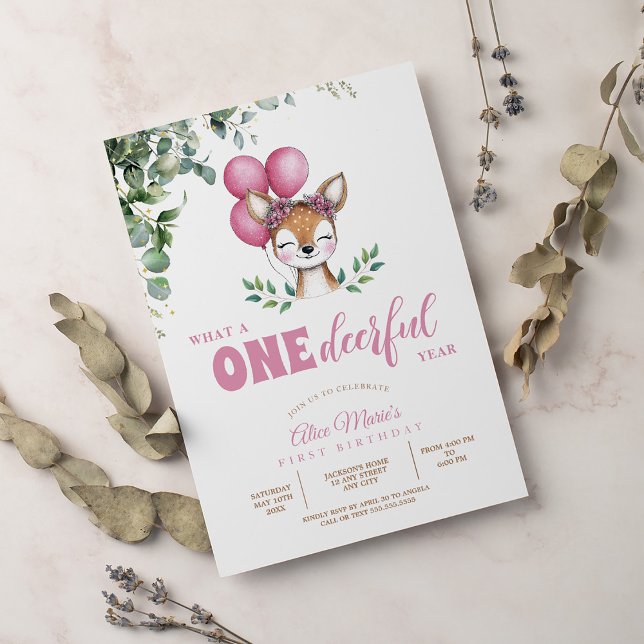 Rosa av trädland Hjort Greenery Girl Första födels Inbjudningar (Skapare uppladdad)