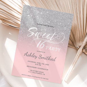 rosa av typografi av silver glitter, svett 16 inbjudningar