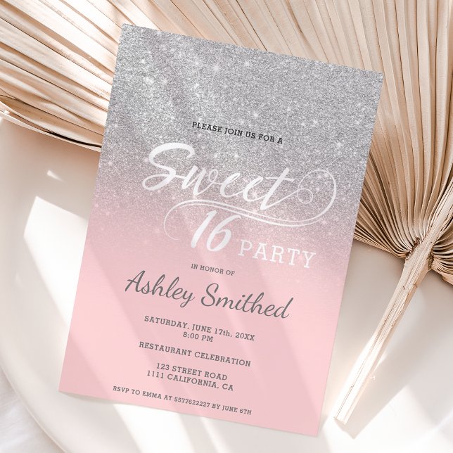 rosa av typografi av silver glitter, svett 16 inbjudningar (Skapare uppladdad)