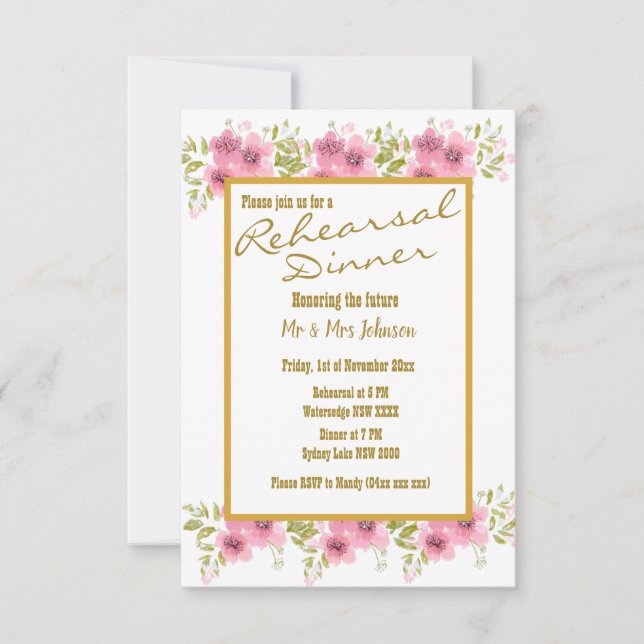 Rosa av vattenfärg Anemone Blommigt Rehearsal Midd Inbjudningar (Framsida)