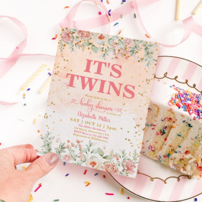 Rosa av vattenfärg Blommor Blom Twin Girl Baby Sho Inbjudningar (Skapare uppladdad)