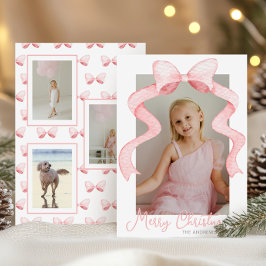 Rosa av vattenfärg Bow Ribbon Sash-julfoto Julkort