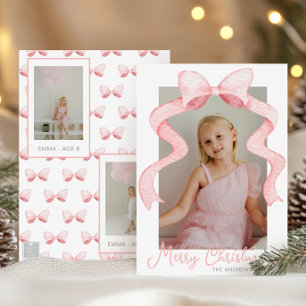 Rosa av vattenfärg Bow Ribbon Sash-julfoto Julkort