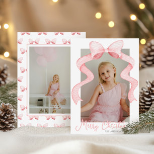 Rosa av vattenfärg Bow Ribbon Sash-julfoto Julkort