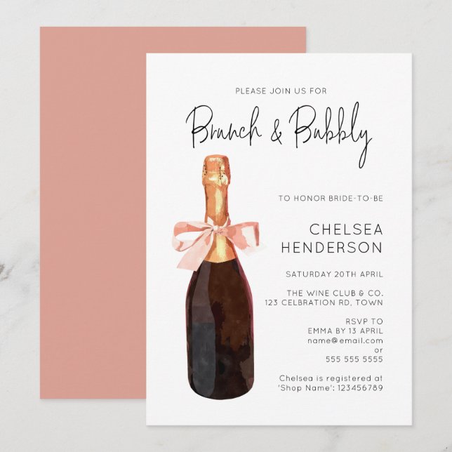 Rosa av vattenfärg Champagne Brunch och bubbeldusc Inbjudningar (Fram/baksida)