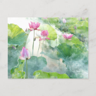 Rosa av vattenfärg Lotus Flowers med Löv Vykort