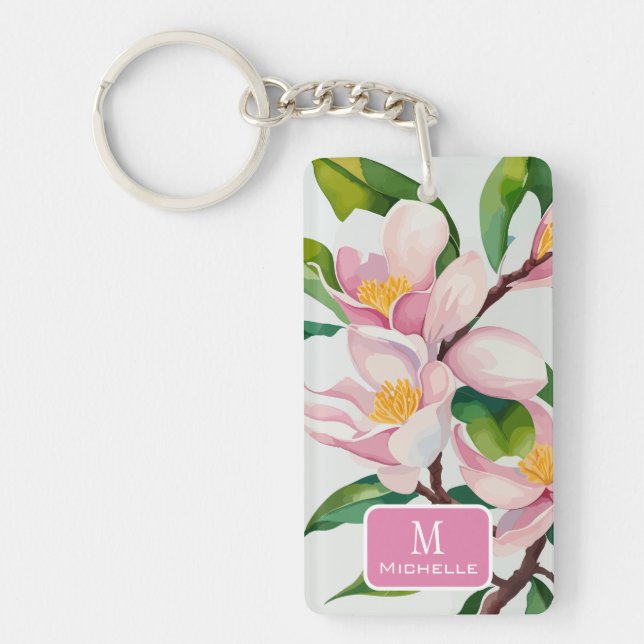 Rosa av vattenfärg Magnolia Botanical Monogram Nyckelring (Framsidan)
