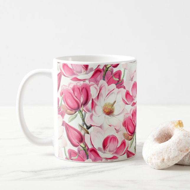 Rosa av vattenfärg Magnolia Flowers Mönster Kaffemugg (Med munk)