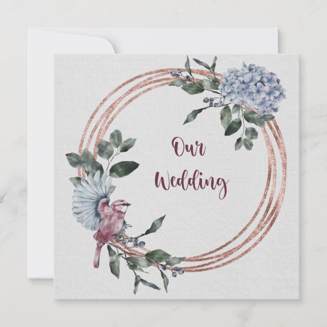 Rosa av vattenfärg och burgundsblommor och fåglar inbjudningar (Framsida)