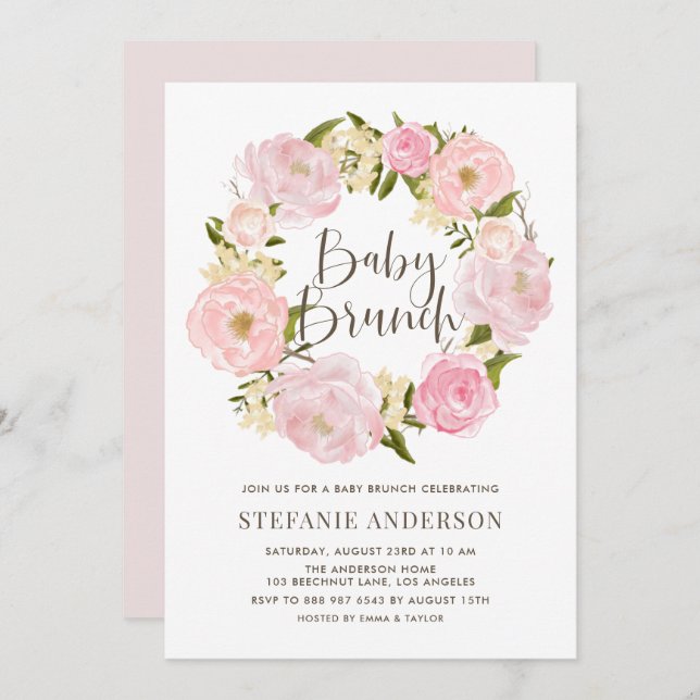 Rosa av vattenfärg Peony Wandech Baby Brunch Inbjudningar (Fram/baksida)