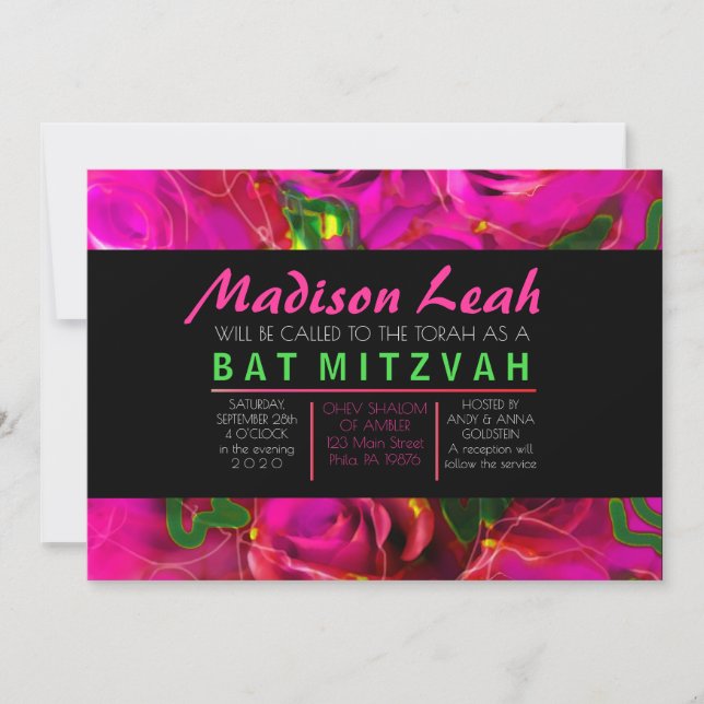 ROSA AV VATTENFÄRG RO NEON Bat mitzvah inbjudan (Framsida)