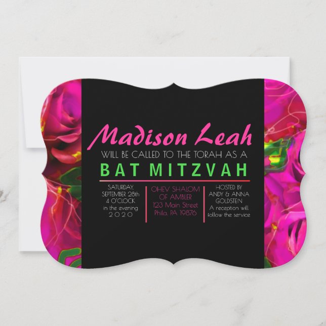 ROSA AV VATTENFÄRG RO NEON Bat mitzvah inbjudan (Framsida)