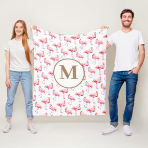 Rosa av vattenfärg Tropical Flamingo Monogram Init Fleecefilt