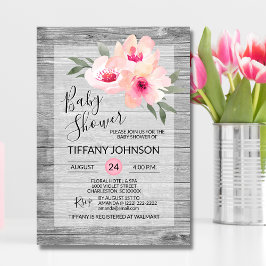 Rosa av vattenfärgad Blommigt Grått Rustic Baby Sh Inbjudningar