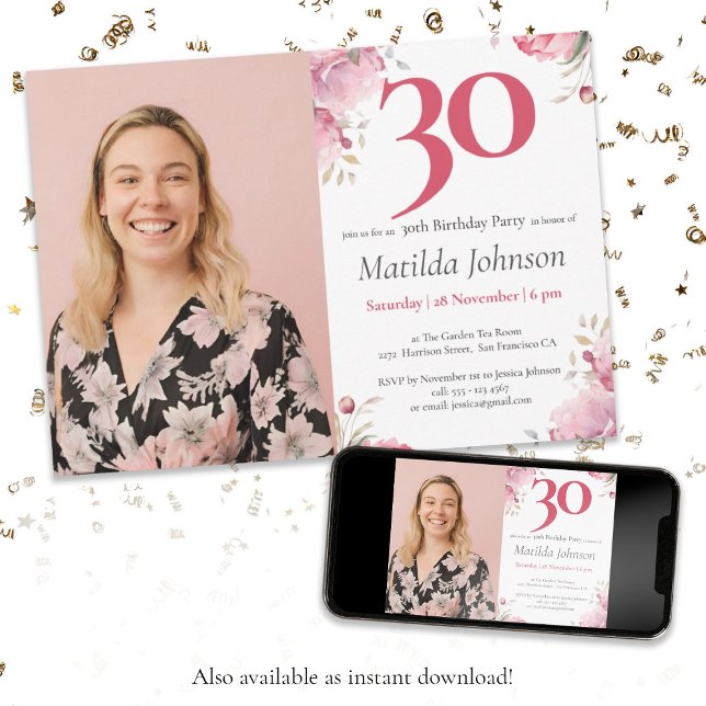 Rosa av vattenfärgen Blommigt  Anpassningsbar Foto Inbjudningar (Photo 30th Birthday Watercolor Floral Pink Custom Invitation)