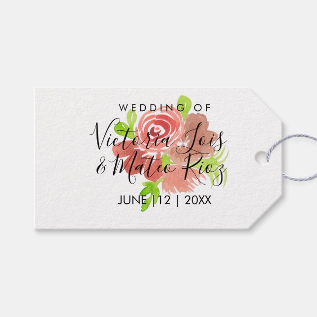 Rosa av vattenfärgen Blommigt Beige  Löv Bröllop Presentetikett (Framsidan (Horisontell))