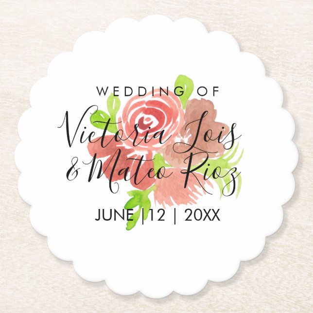 Rosa av vattenfärgen Blommigt Beige  Löv Bröllop Underlägg Papper (Framsida)