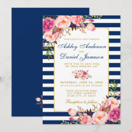 Rosa av vattenfärgen Blommigt Blue Rand Guld Bröll Inbjudningar