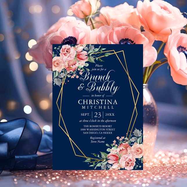 Rosa av vattenfärgen Blommigt  Bubly Brunch, marin Inbjudningar (Watercolor Floral Pink Navy Blue Brunch Bubbly Invitation)