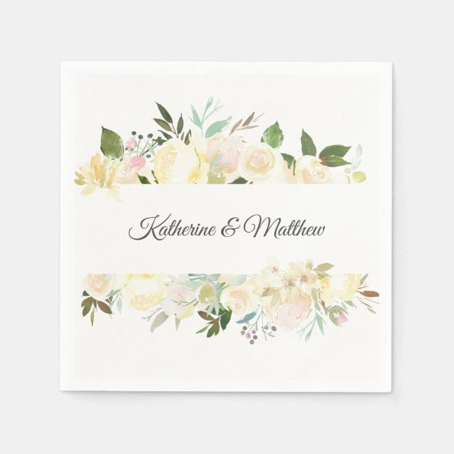 Rosa av vattenfärgen Blommigt Cream Elfenbenskuste Pappersservett (Framsidan)