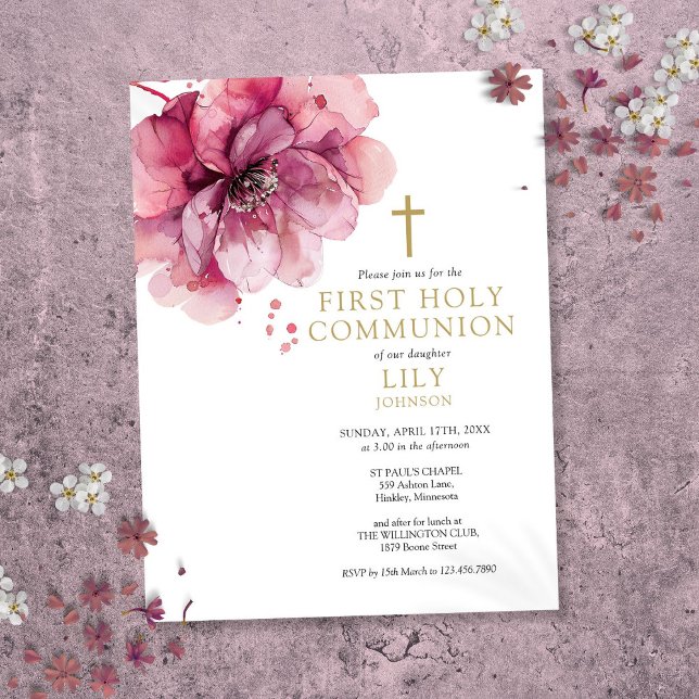Rosa av vattenfärgen Blommigt första Heligan Kommu Vykort (Watercolor Floral Pink First Holy Communion Invite)