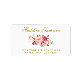 Rosa av vattenfärgen Blommigt  Guld Adress Adressetikett