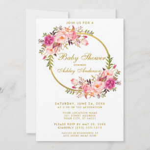 Rosa av vattenfärgen Blommigt Guld Baby Shower Inbjudningar