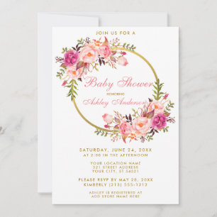 Rosa av vattenfärgen Blommigt Guld Baby Shower P Inbjudningar