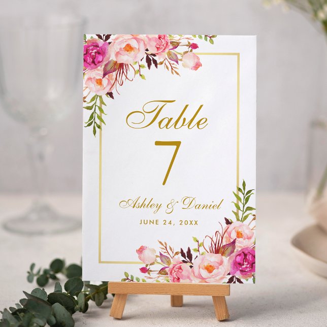 Rosa av vattenfärgen Blommigt  Guld Bröllop Bordsnummer (Pink Floral and Gold Table Number Card.)