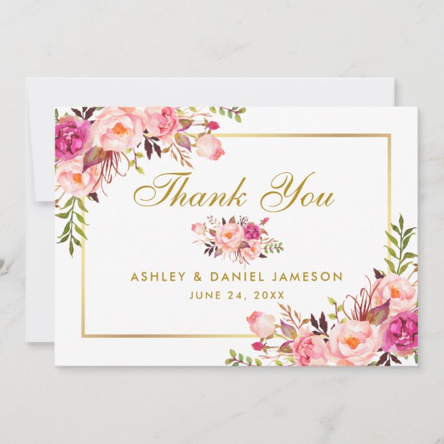 Rosa av vattenfärgen Blommigt  Guld Bröllop Tack (Framsida)