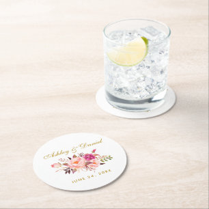 Rosa av vattenfärgen Blommigt  Guld Bröllop Underlägg Papper Rund