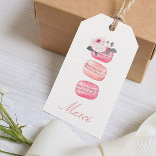 Rosa av vattenfärgen Blommigt Macaron Merci/Tack Presentetikett