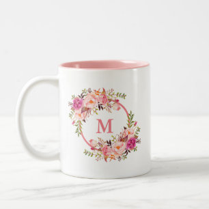 Rosa av vattenfärgen Blommigt Monogram Två-Tonad Mugg