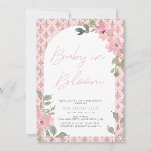 Rosa av vattenfärgen Blommigt Tile Baby i Bloom Sh Inbjudningar