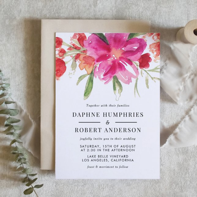Rosa av vattenfärgen Magenta Flowers Botaniska Brö Inbjudningar (Magenta Pink Flowers Botanical Wedding Invitation)
