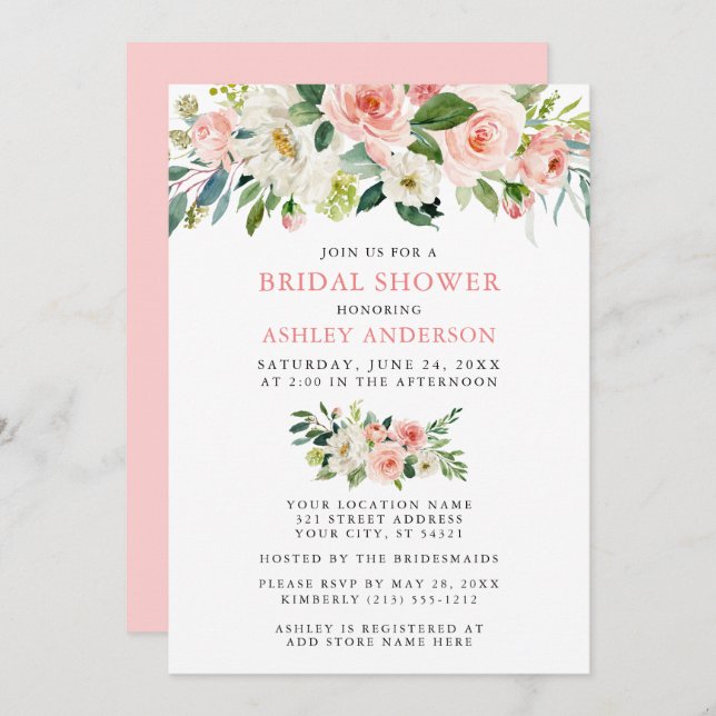 Rosa av vattenfärgsBlommigt  Elegant, Möhippa Inbjudningar (Fram/baksida)