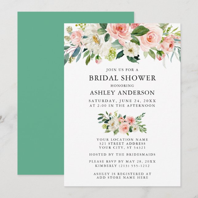 Rosa av vattenfärgsBlommigt Neo Mint-Möhippa Inbjudningar (Fram/baksida)