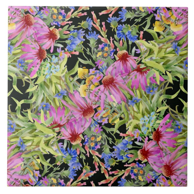 Rosa av vattenfärgsBlommönstrets Gult Grönt  Kakelplatta (Framsidan)