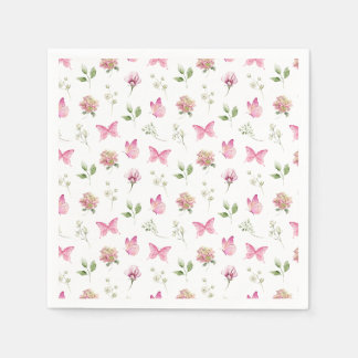 Rosa av vattenfärgsfjäril Blommigt Vita babyskor Pappersservett