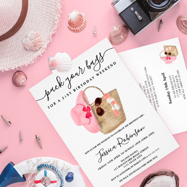 Rosa av vattenfärgsstrandsäckens födelsedag helg inbjudningar (Skapare uppladdad)