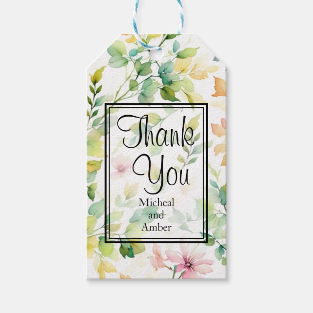 Rosa av vildblommor i vattenfärgen grönt presentetikett (Framsidan)