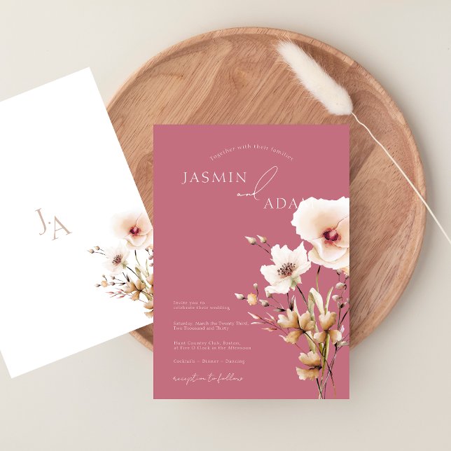 Rosa av vimatisk Magenta Wildblommor Bröllop Inbjudningar (Whimsical Magenta Pink Wildflowers Wedding Invitation)