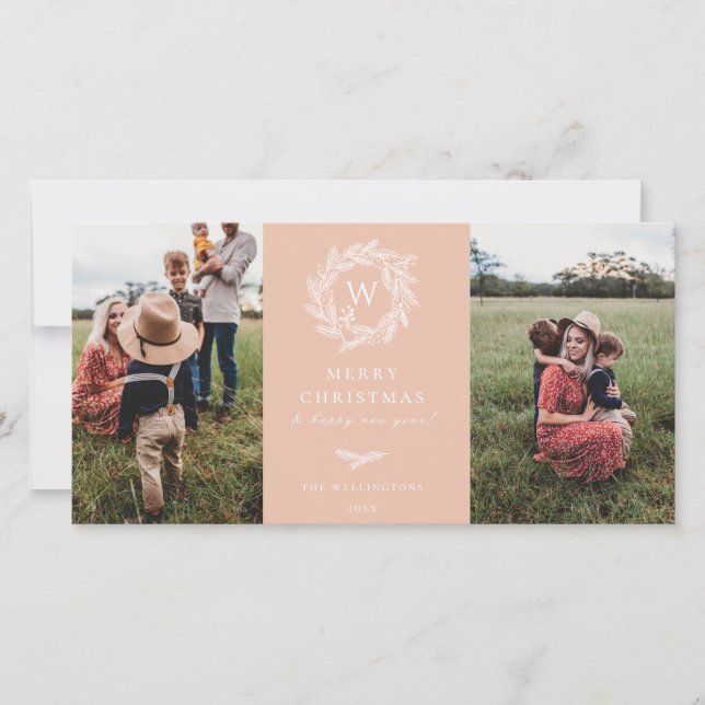 Rosa av vinterkrans, monogram Helgdag 2-fotokort Julkort (Framsida)