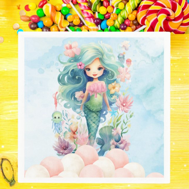 Rosa av vit Sjöjungfru, Födelsedagsfest Napkin Pappersservett (Whimsical Mermaid Birthday Party Napkin - Pink & Blue Under the Sea Theme - Cute Girl Ocean Party)