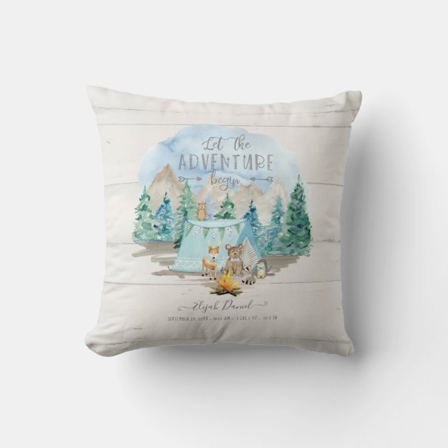 Rosa Äventyr Begin Rustic Birth Stats Flicka Kudde (Framsida)