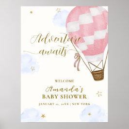 Rosa Äventyr Luftballong Baby Shower Välkommen Poster